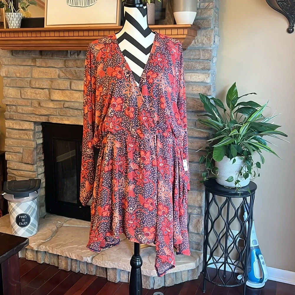 Free People Teegan Mini Dress in Peach Combo - Picture 4 of 9